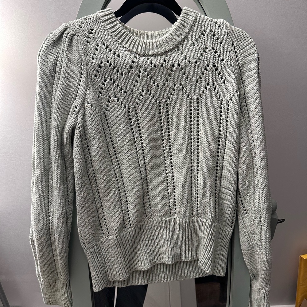 Madewell Pointelle Puff-Sleeve Sweater in Sage Mist.